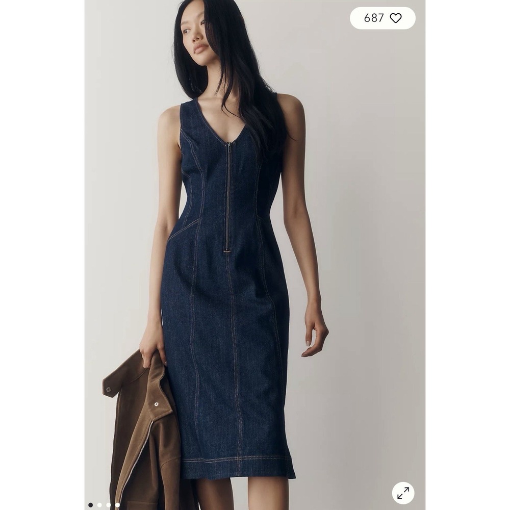 Pilcro XS Denim Zip Front Midi Dress Sleeveless V Neck Dark Blue Cottage Prairie